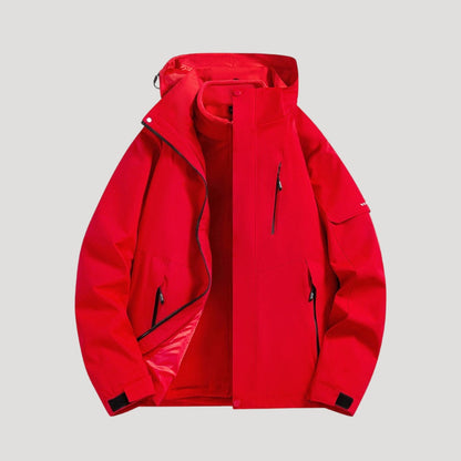 Red hooded shell jacket with a full zip