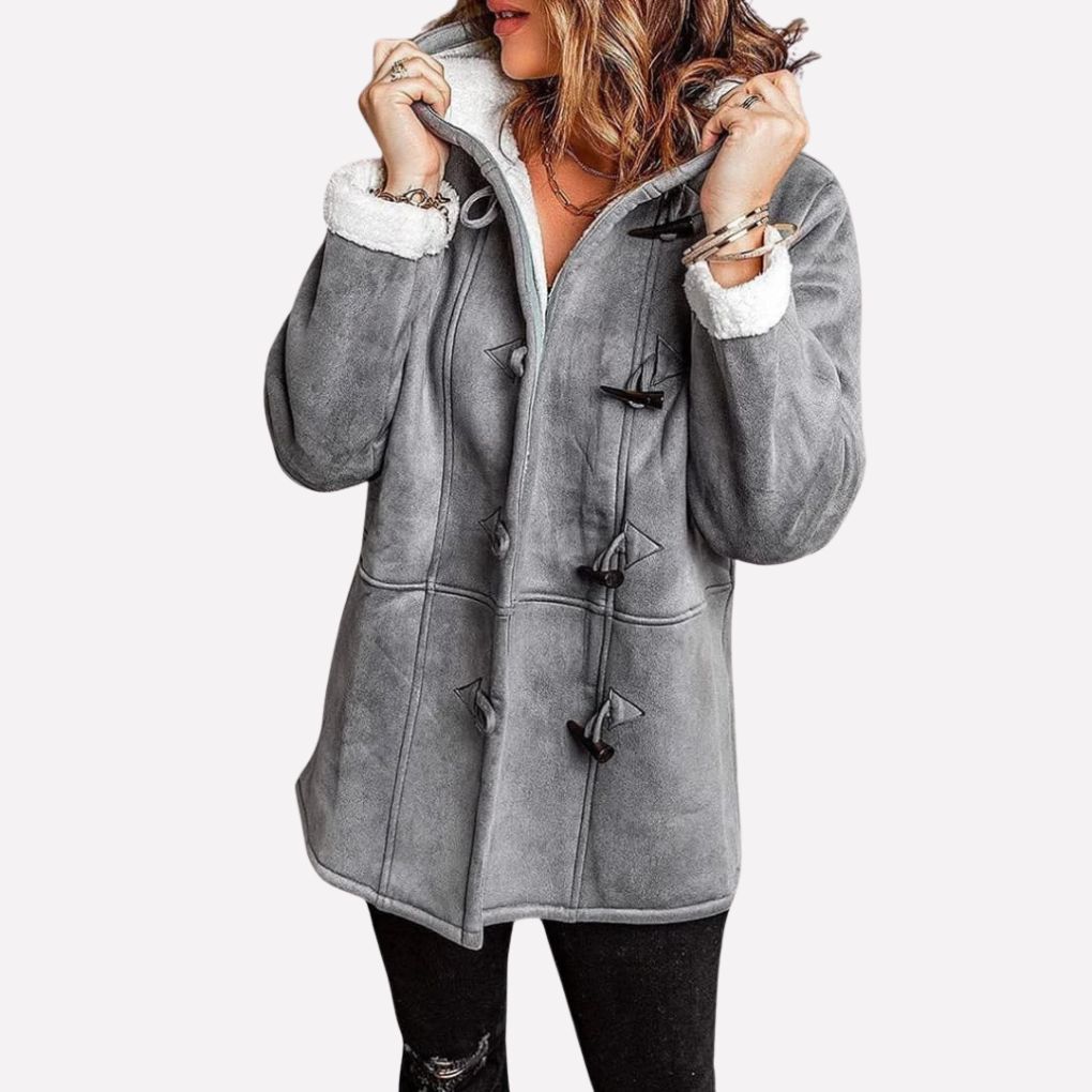 Gray hooded toggle front coat with a sherpa lining