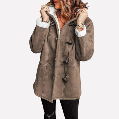 Khaki hooded toggle front coat with a sherpa lining
