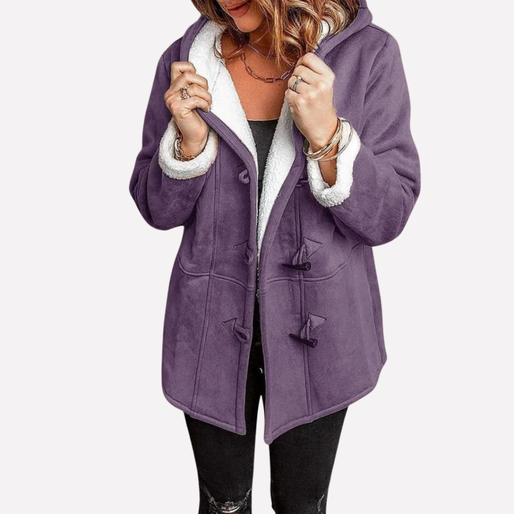 Purple hooded toggle front coat with a sherpa lining