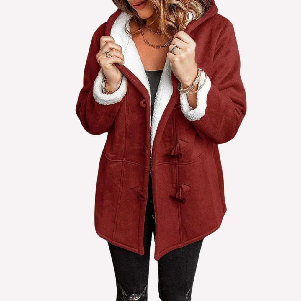 Red hooded toggle front coat with a sherpa lining