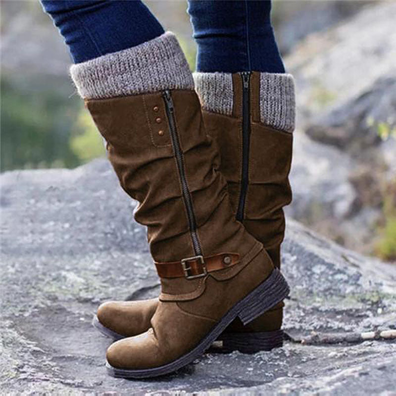 Brown knit cuff slouch boots with a buckle strap