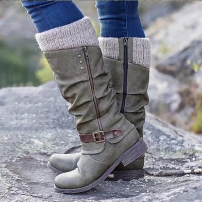Olive gray knit cuff slouch boots with a buckle strap