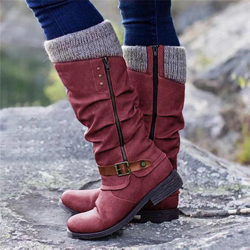 Red knit cuff slouch boots with a side zip