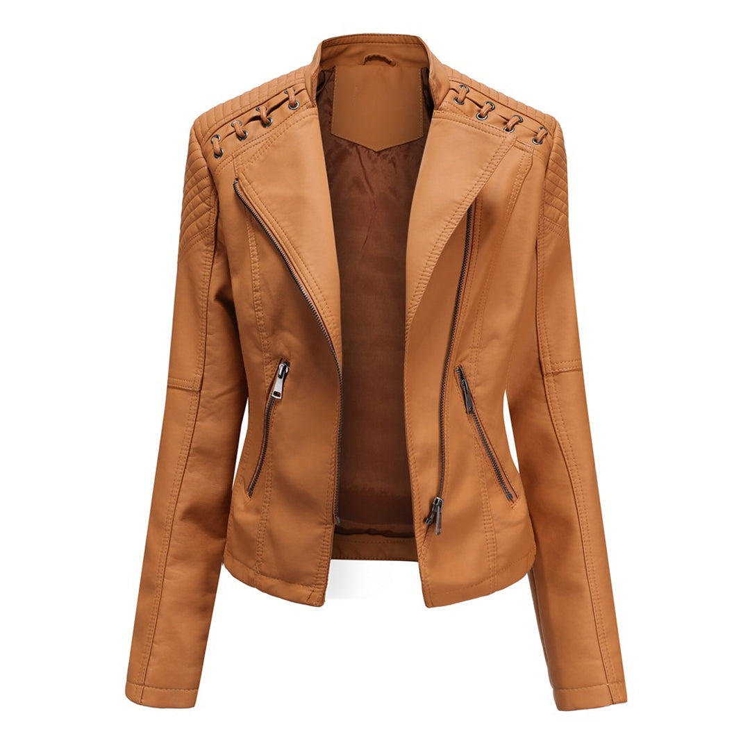 Camel lace-up shoulder moto jacket, front view