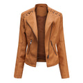 Camel lace-up shoulder moto jacket, front view