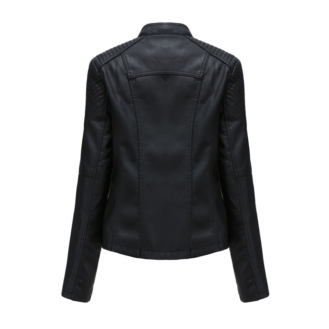 Black moto jacket, back view showing the yoke