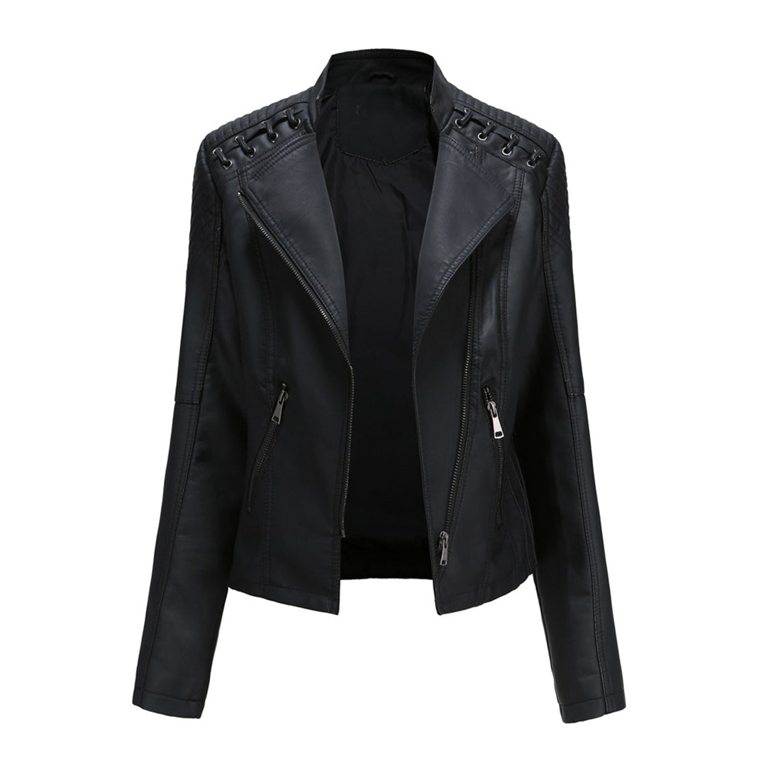 Black lace-up shoulder moto jacket, front view