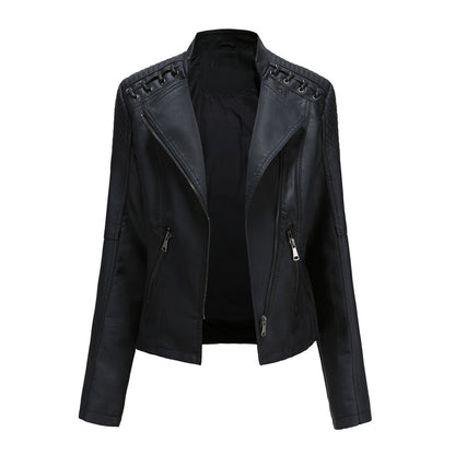 Black lace-up shoulder moto jacket, front view