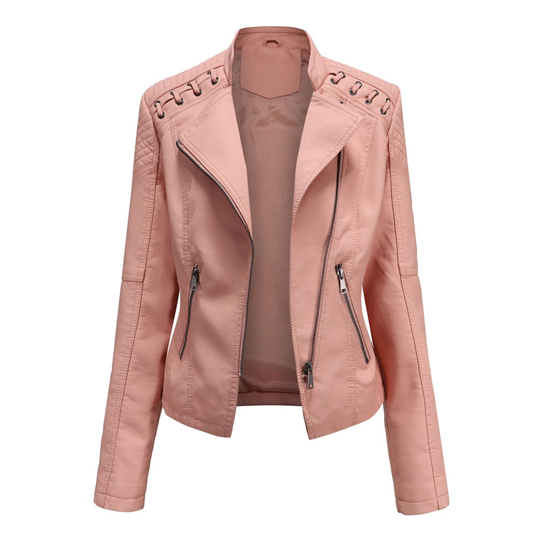 Pink lace-up shoulder moto jacket, front view