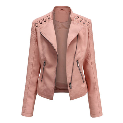 Pink lace-up shoulder moto jacket, front view