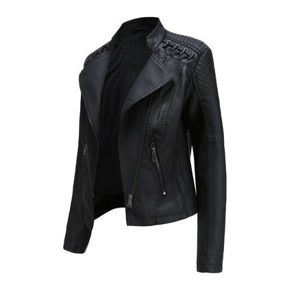 Black moto jacket, side angle view