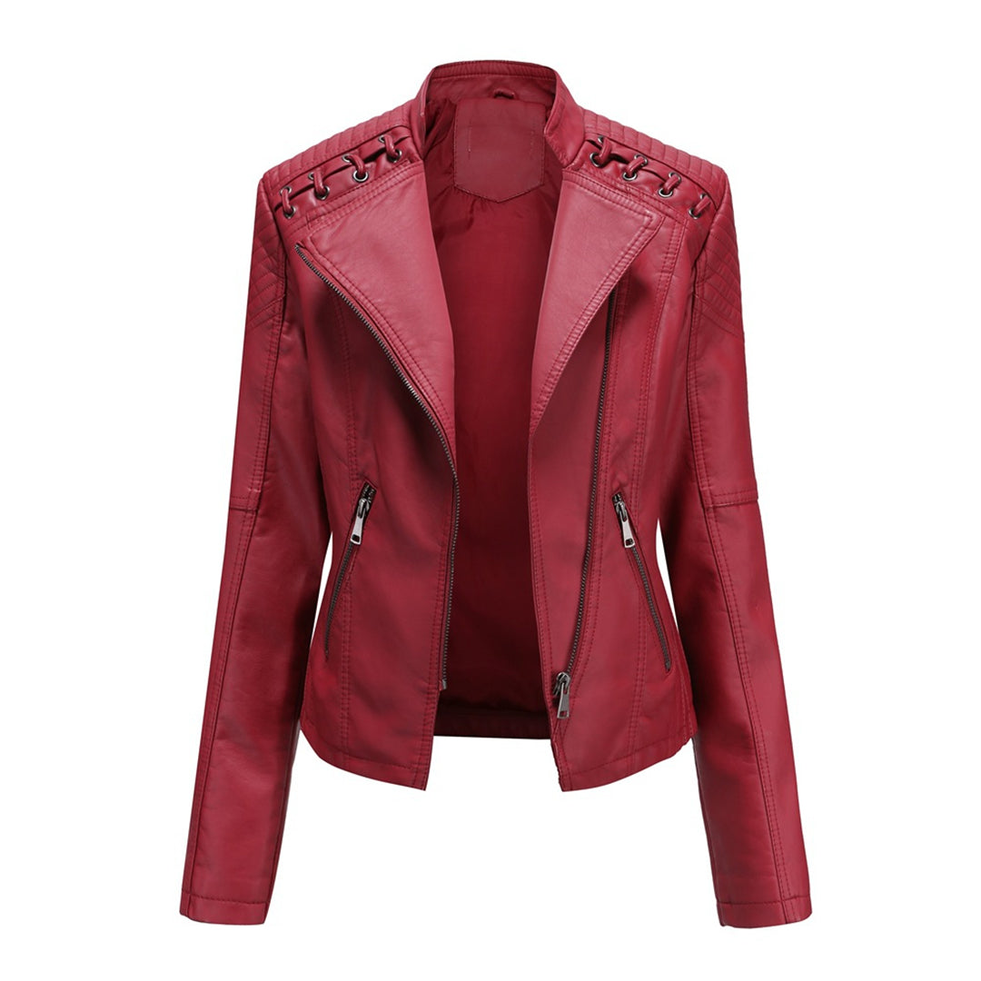 Red lace-up shoulder moto jacket, front view