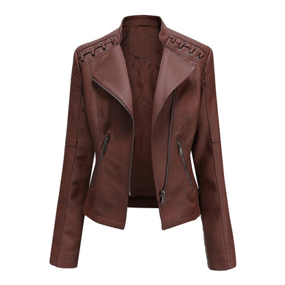 Brown lace-up shoulder moto jacket, front view