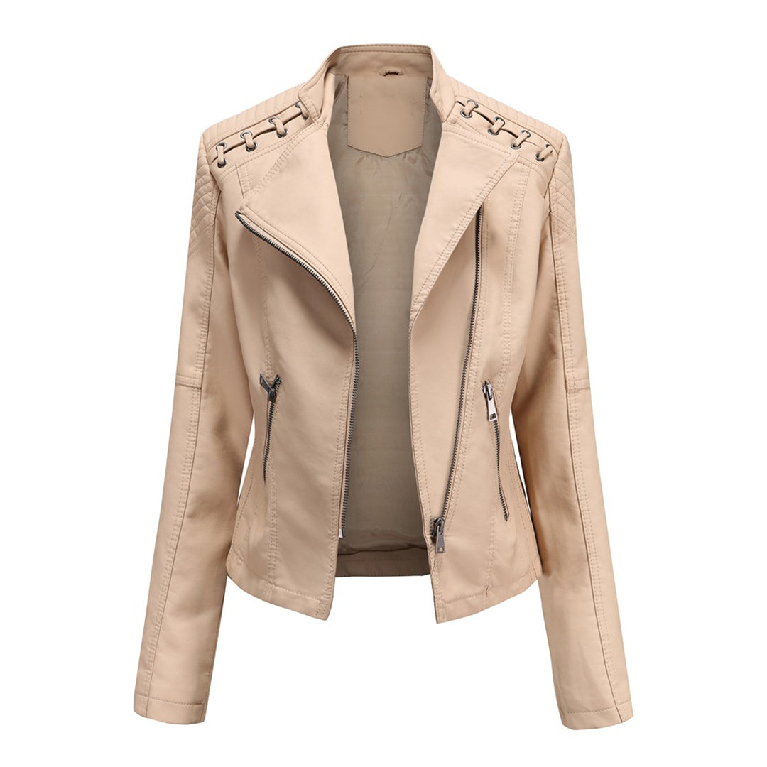 Beige lace-up shoulder moto jacket, front view