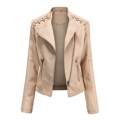 Beige lace-up shoulder moto jacket, front view