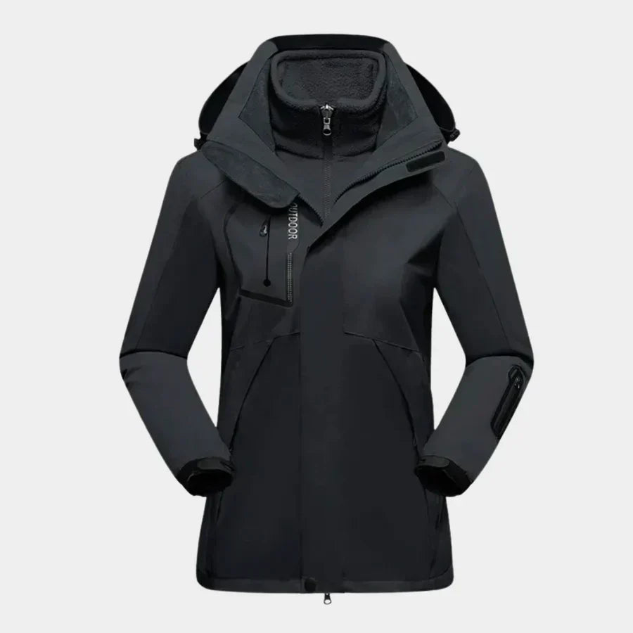 Black layered hooded outdoor jacket, front view