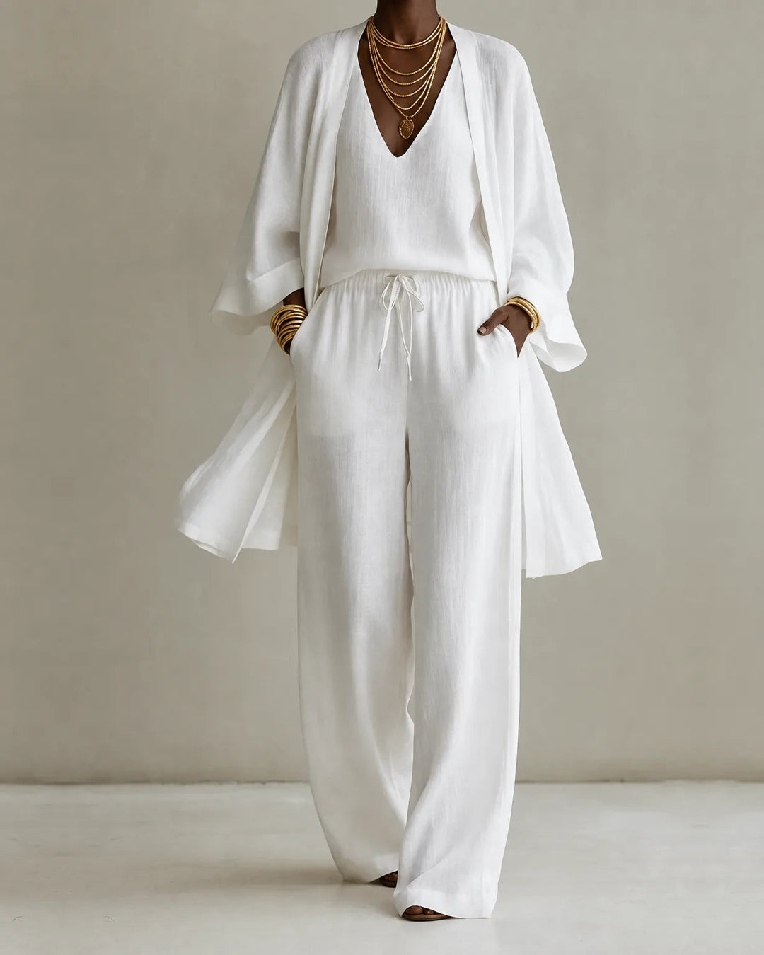 White linen look kimono, V-neck top and drawstring wide-leg pants set, front view
