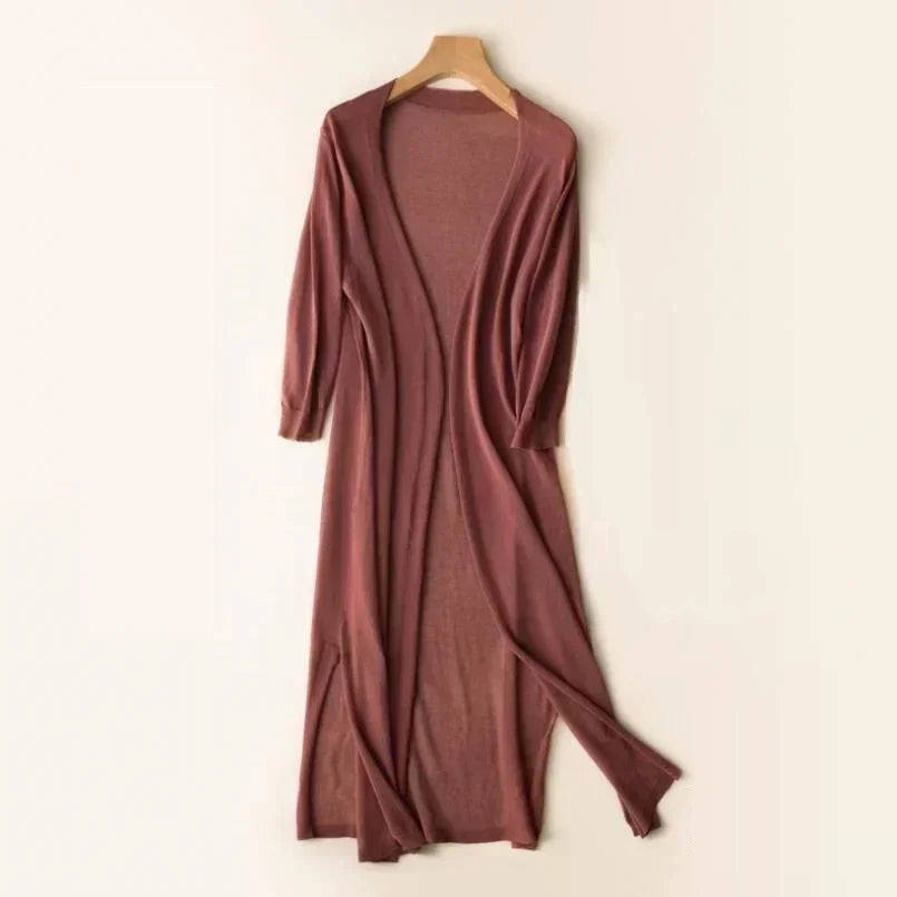 Coffee brown long open front cardigan on a hanger, front view