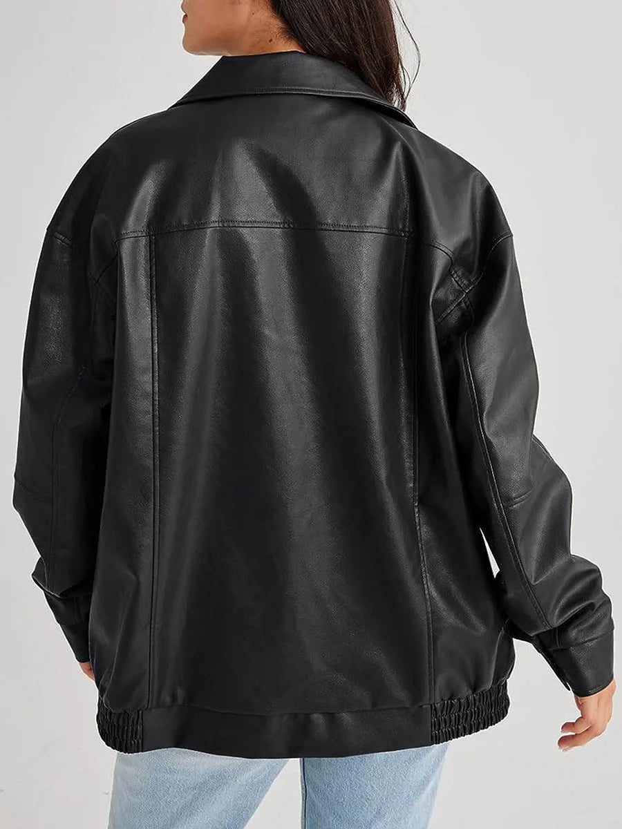 Back view of the black oversized bomber jacket with yoke seam