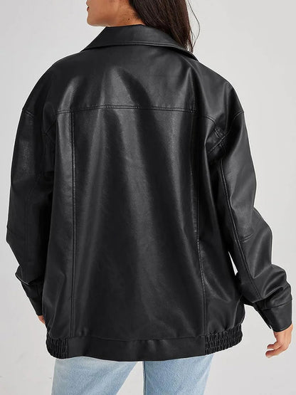 Back view of the black oversized bomber jacket with yoke seam