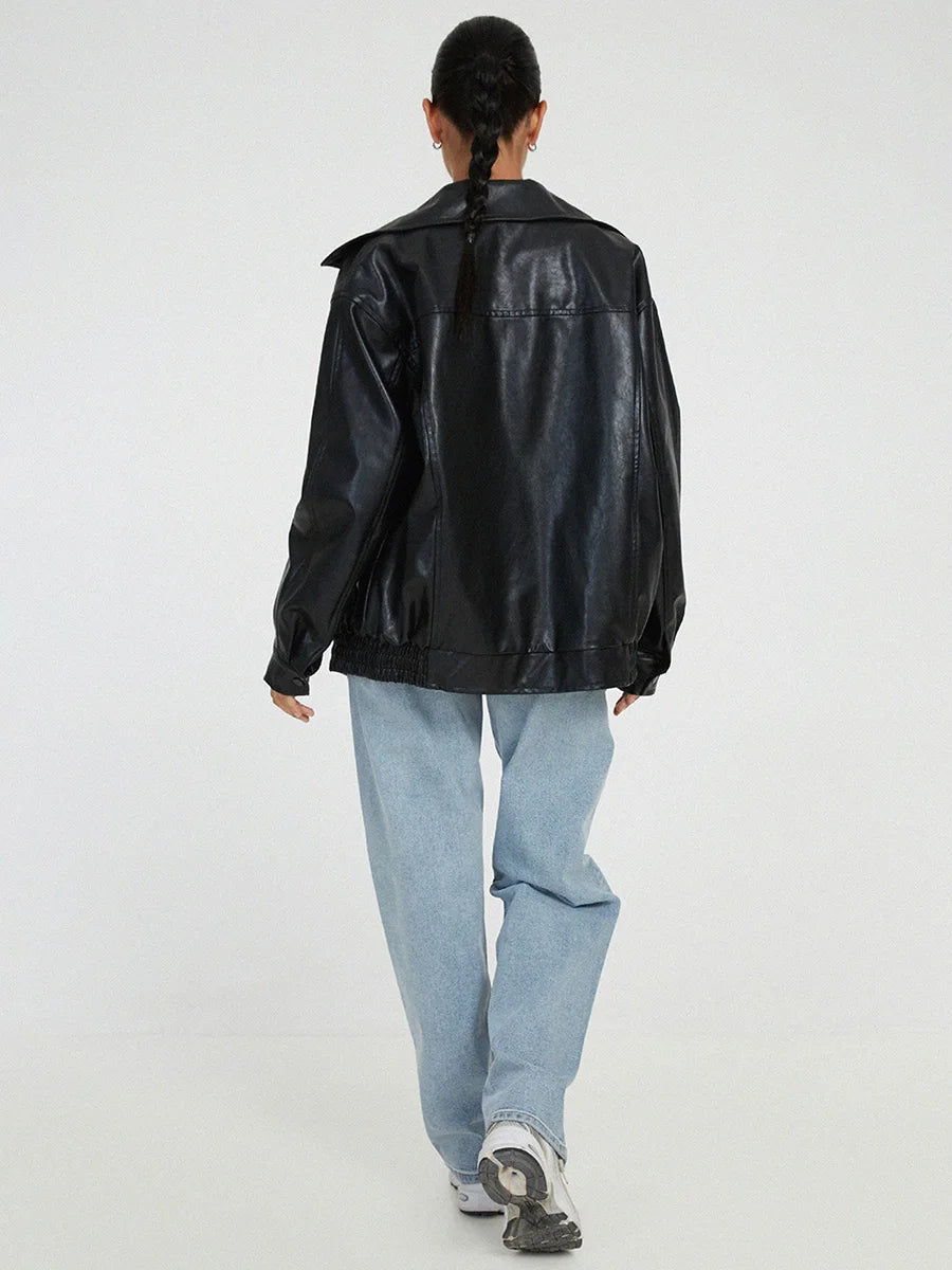 Black oversized collared bomber jacket, full length back view