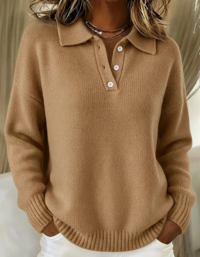 Camel oversized polo collar sweater with ribbed hem, front view