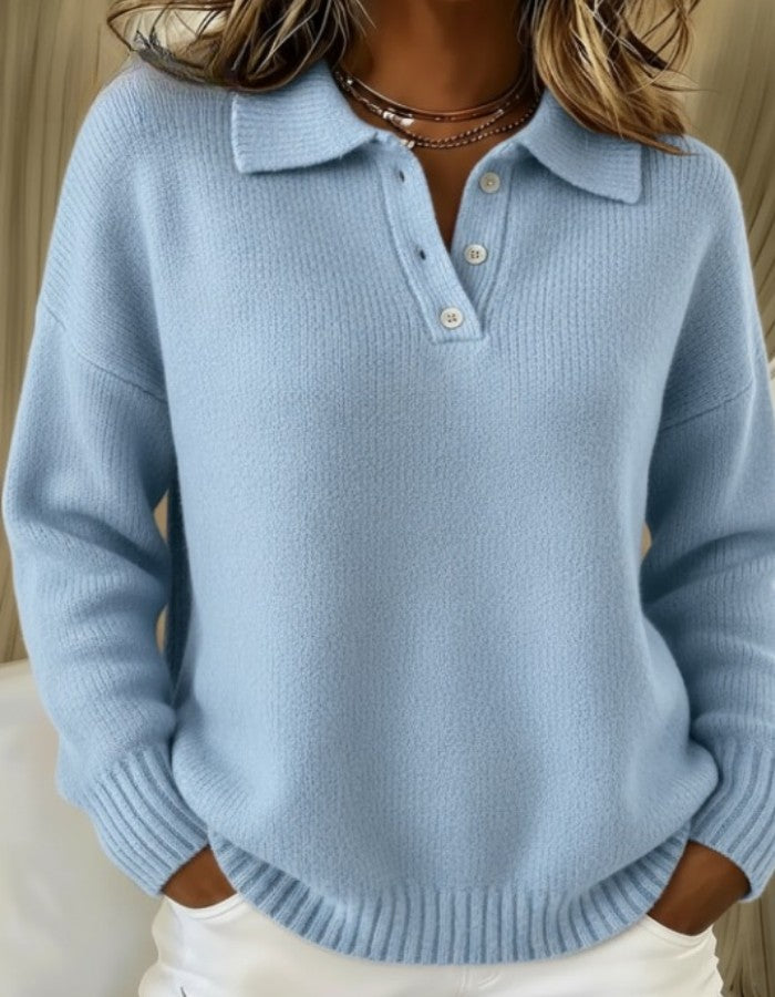 Light blue oversized polo collar sweater with ribbed hem, front view