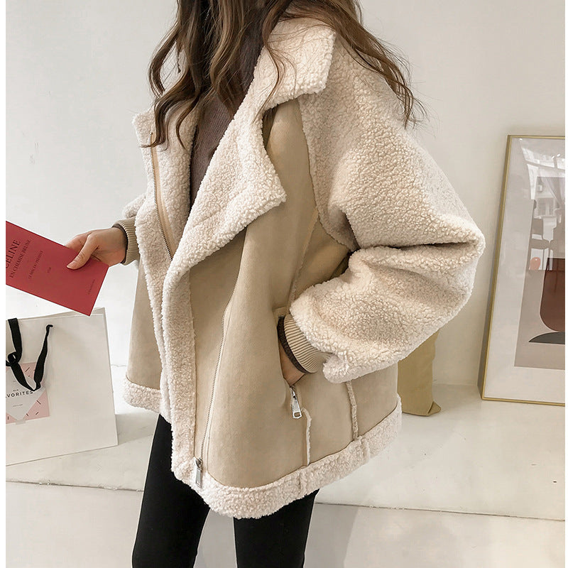 Beige suede look teddy jacket with sherpa trim worn open