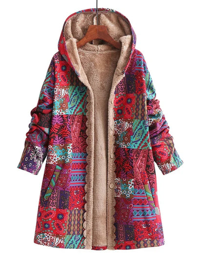 Orange patchwork print hooded jacket with sherpa lining on a hanger