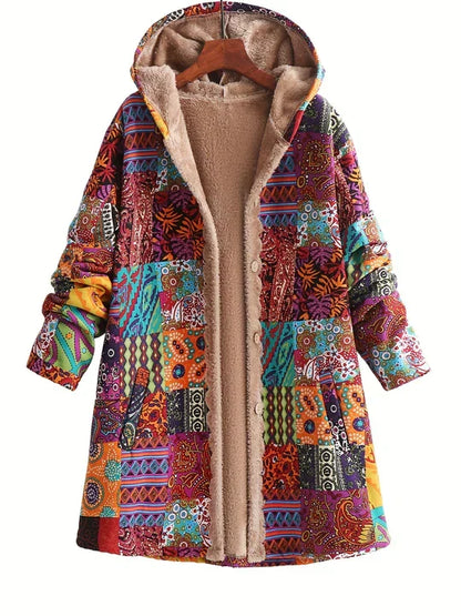 Red patchwork print hooded jacket with sherpa lining on a hanger