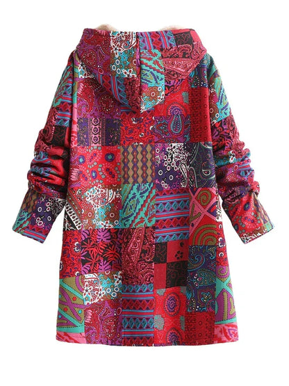 Red patchwork print hooded jacket with the hood up, front view