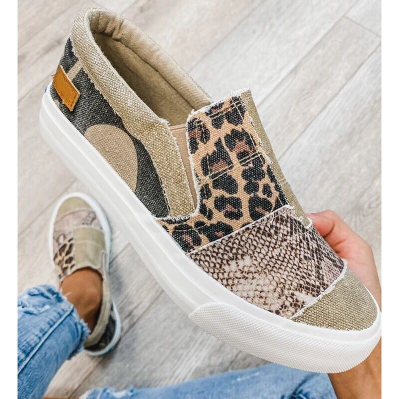 Khaki patchwork slip-on sneaker with leopard, snake and camo panels, side view