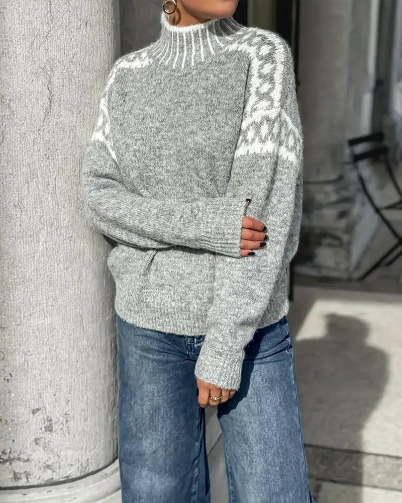 Gray patterned knit sweater with a mock neck, standing view