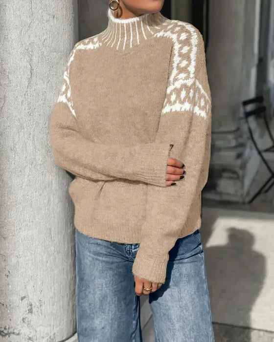 Khaki patterned yoke sweater worn with jeans, side view