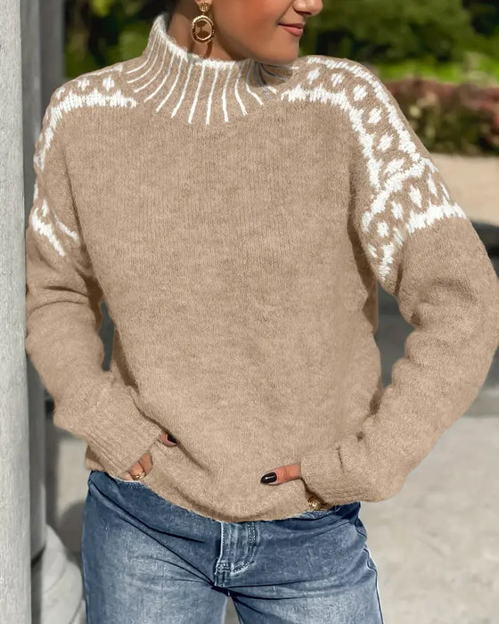 Khaki patterned yoke knit sweater with a mock neck