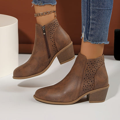 Brown perforated panel ankle boots, side view