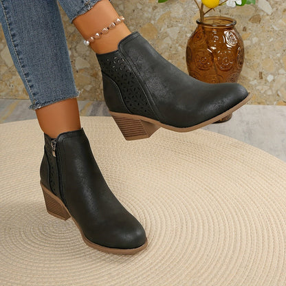 Gray perforated panel ankle boot with side zip, inner side view