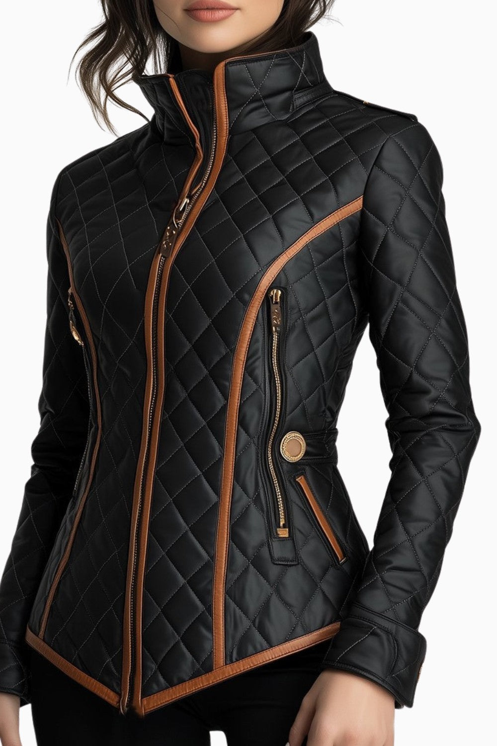 Black diamond quilted jacket with contrast piping, front view