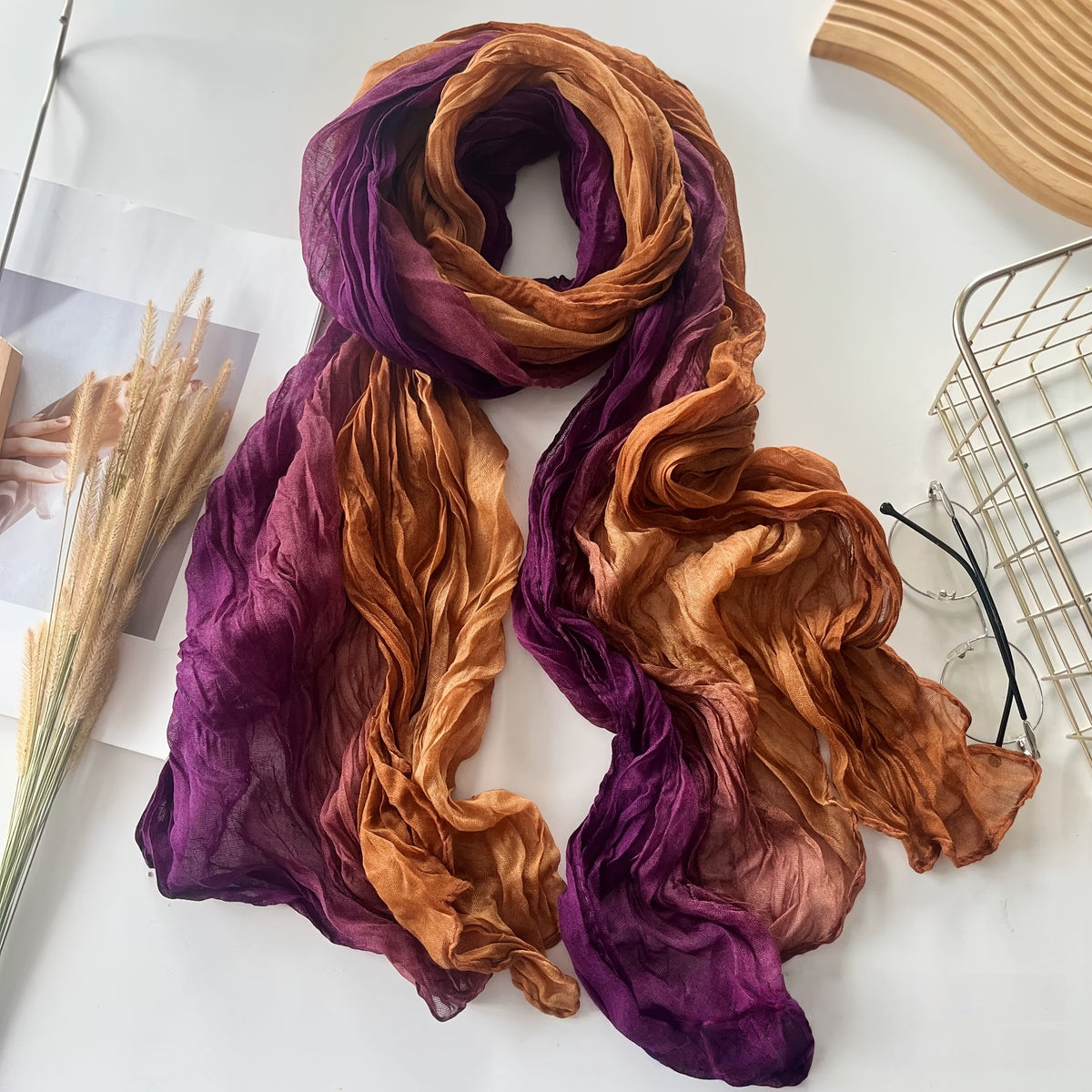 Purple and orange pleated gradient scarf
