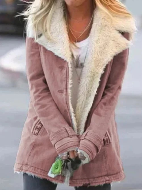 Dusty pink utility jacket with wide faux fur trim, front view