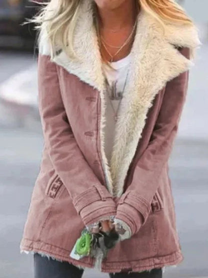 Dusty pink utility jacket with wide faux fur trim, front view