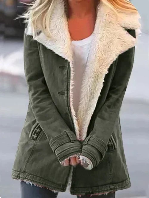 Army green utility jacket with wide faux fur trim, front view
