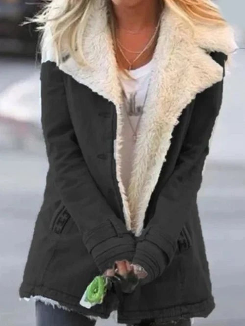 Black utility jacket with wide faux fur trim, front view