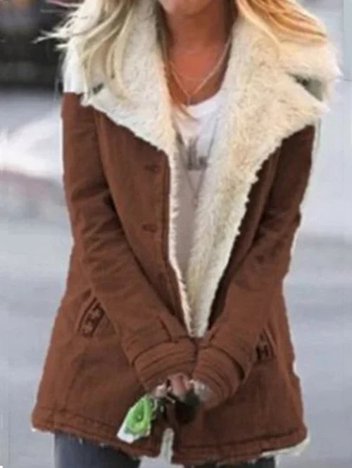Brown utility jacket with wide faux fur trim, front view
