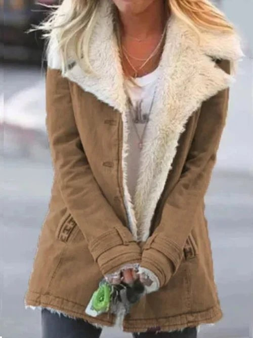 Camel utility jacket with wide faux fur trim, front view