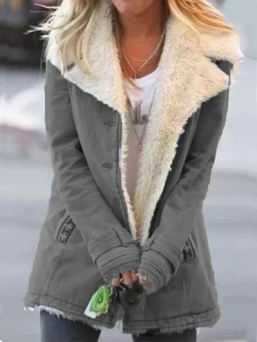 Gray utility jacket with wide faux fur trim, front view
