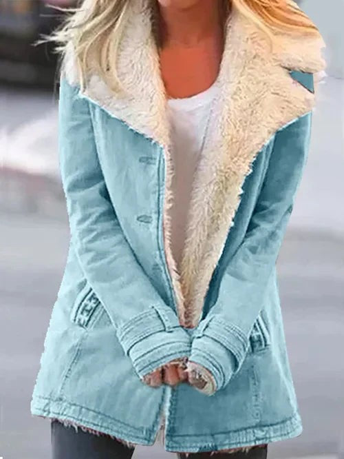 Light blue utility jacket with wide faux fur trim, front view