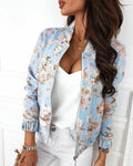 Light blue floral print cropped bomber jacket worn