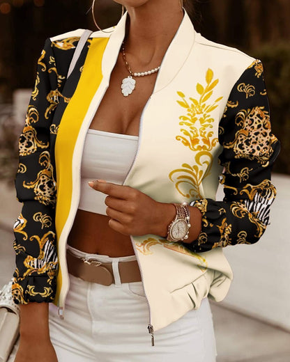Baroque print cropped bomber jacket worn, front